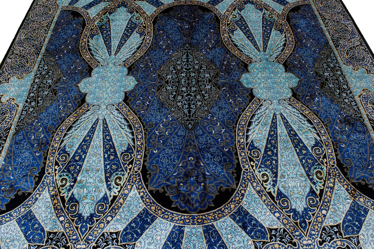 7x10 Black and Blue Turkish Silk Rug