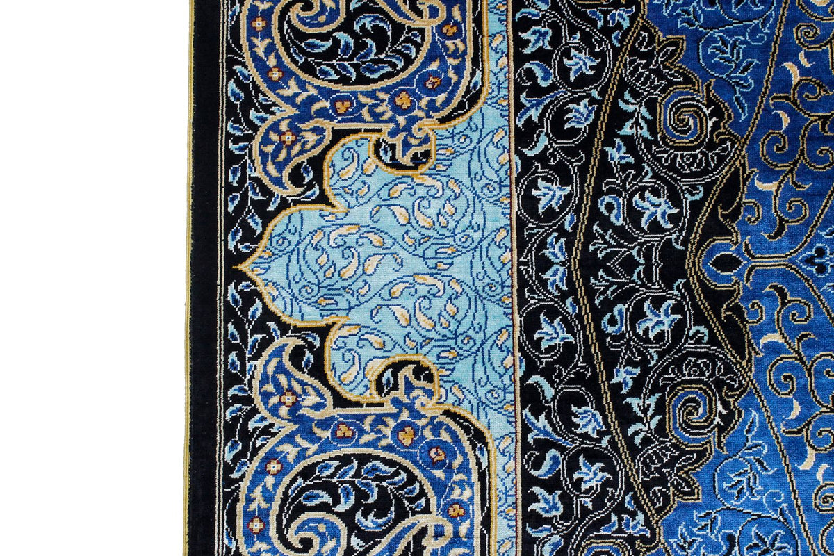 7x10 Black and Blue Turkish Silk Rug