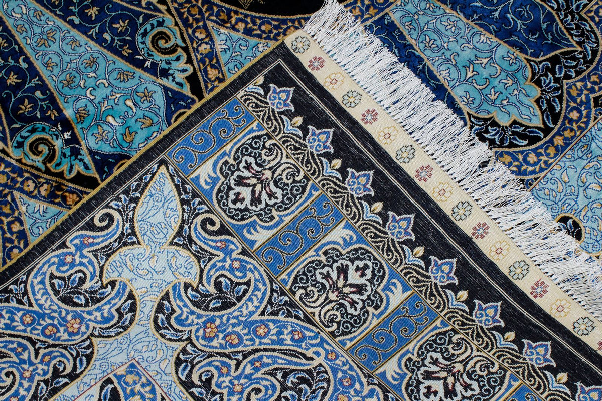 7x10 Black and Blue Turkish Silk Rug