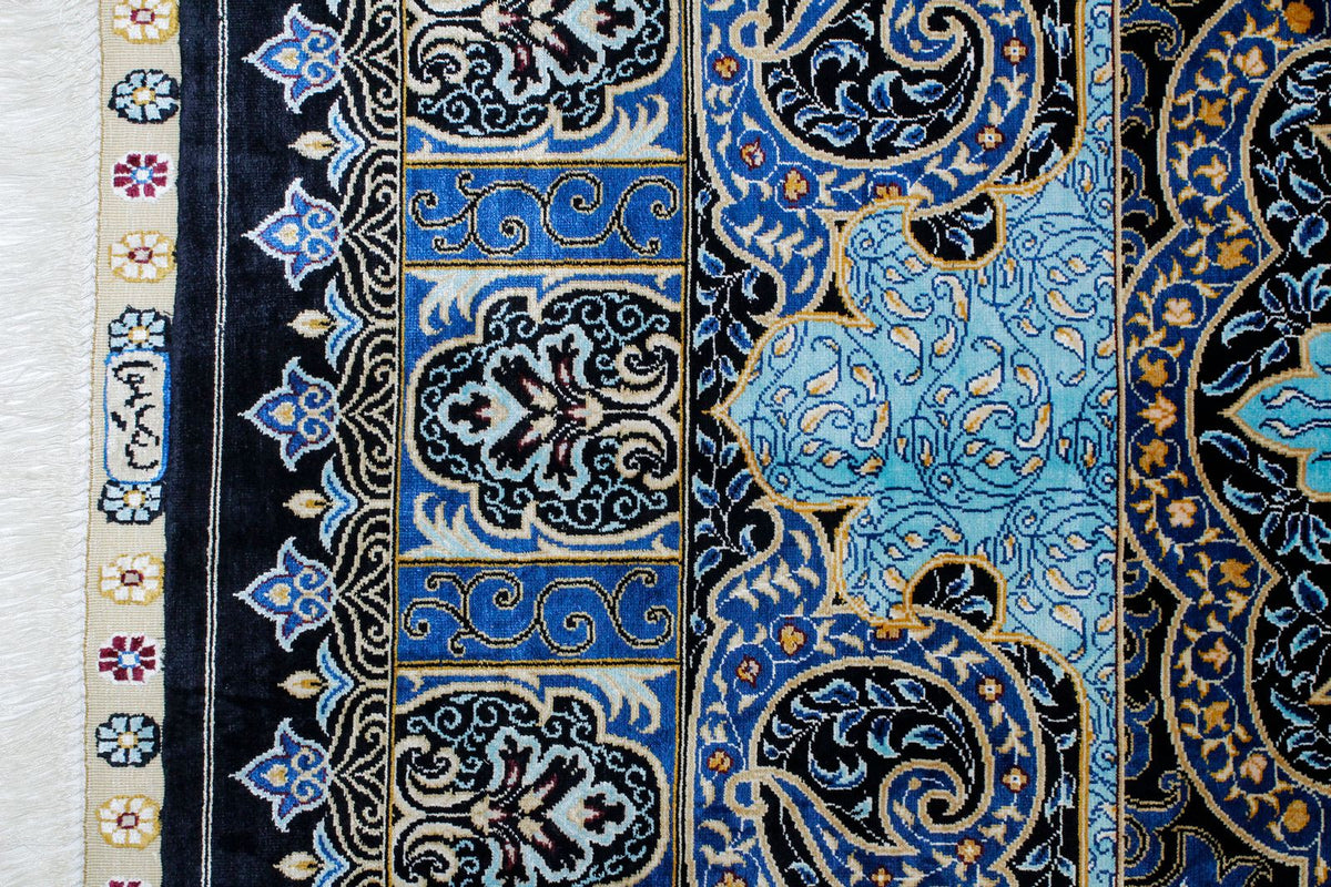 7x10 Black and Blue Turkish Silk Rug
