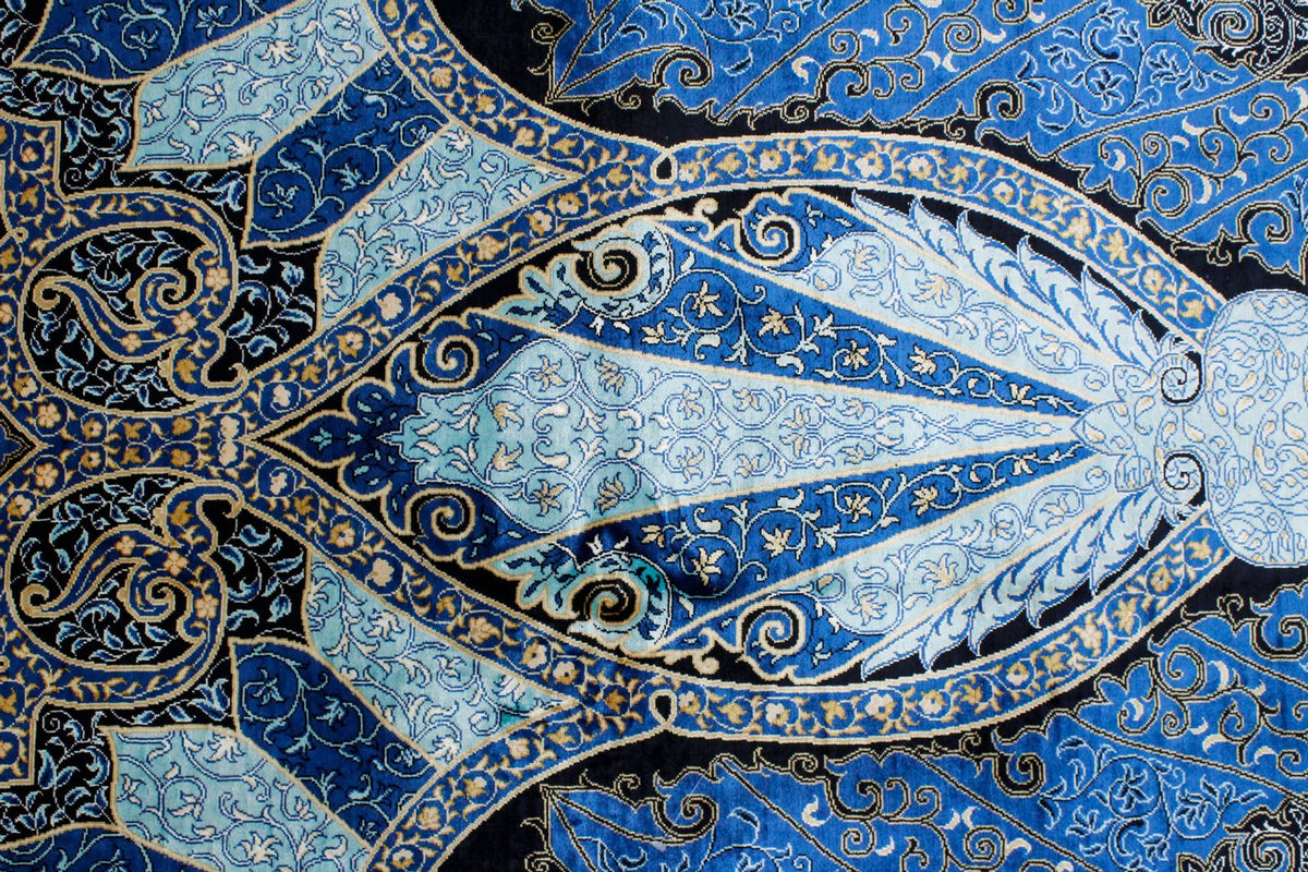 7x10 Black and Blue Turkish Silk Rug