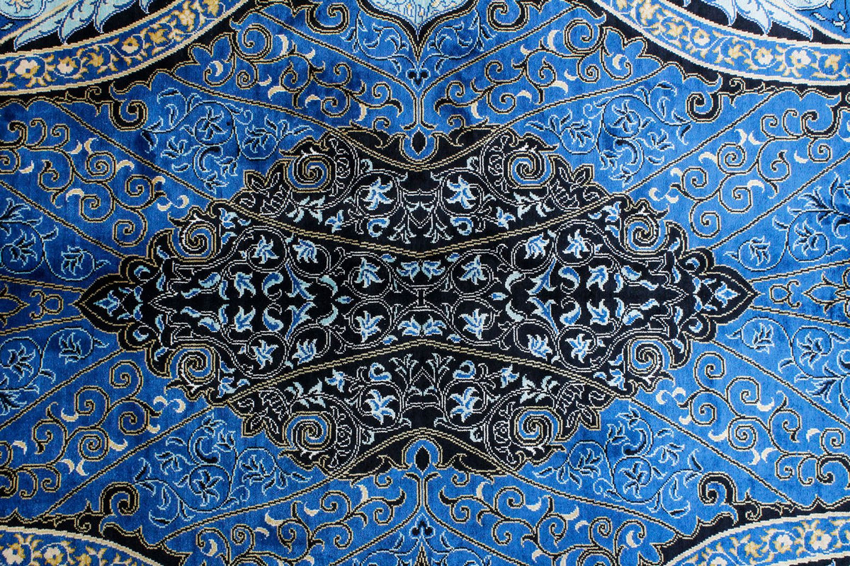 7x10 Black and Blue Turkish Silk Rug