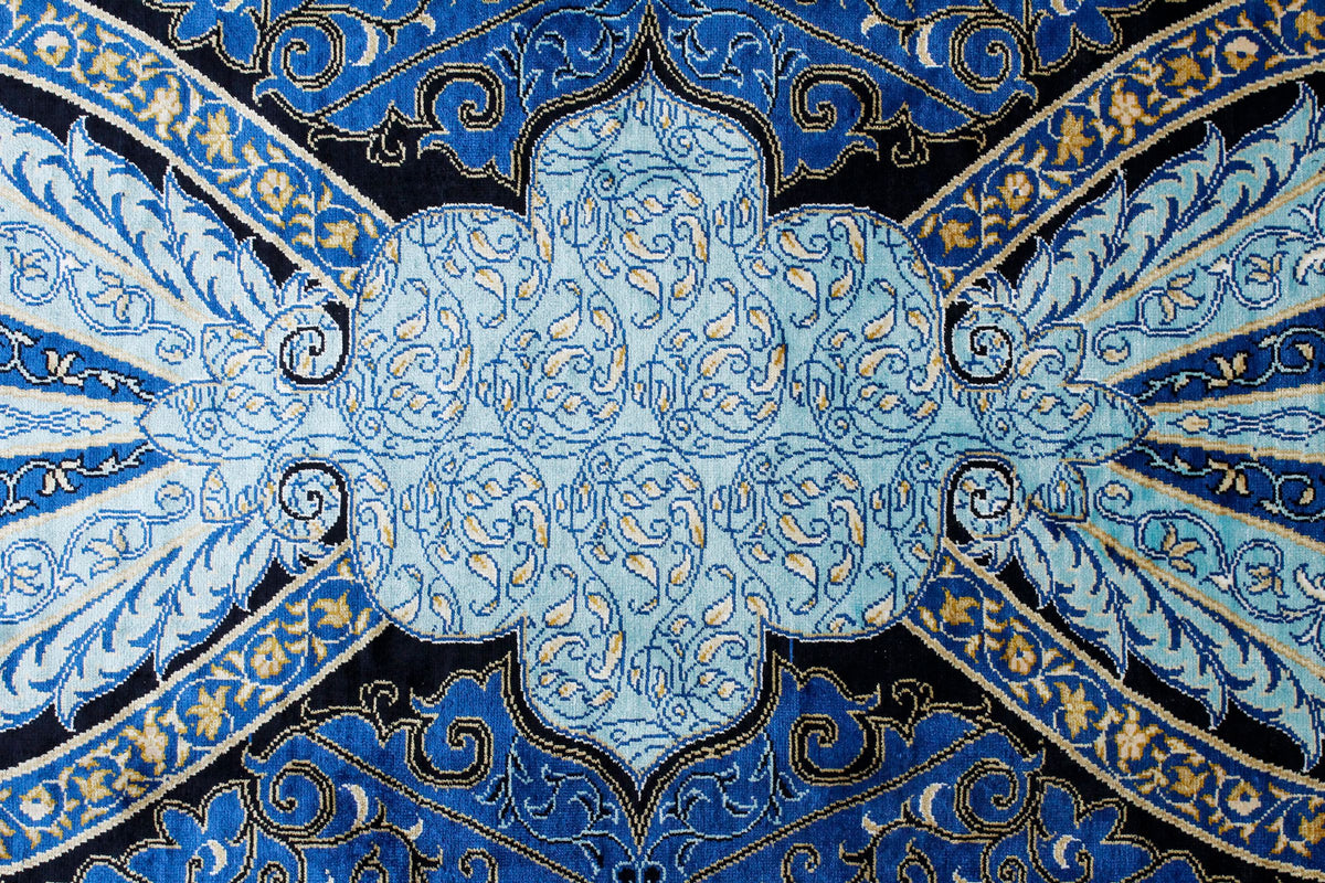 7x10 Black and Blue Turkish Silk Rug