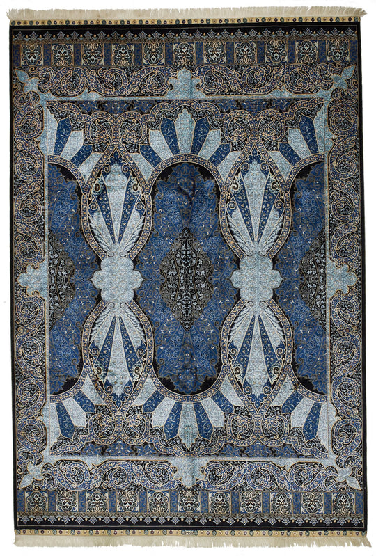 7x10 Black and Blue Turkish Silk Rug