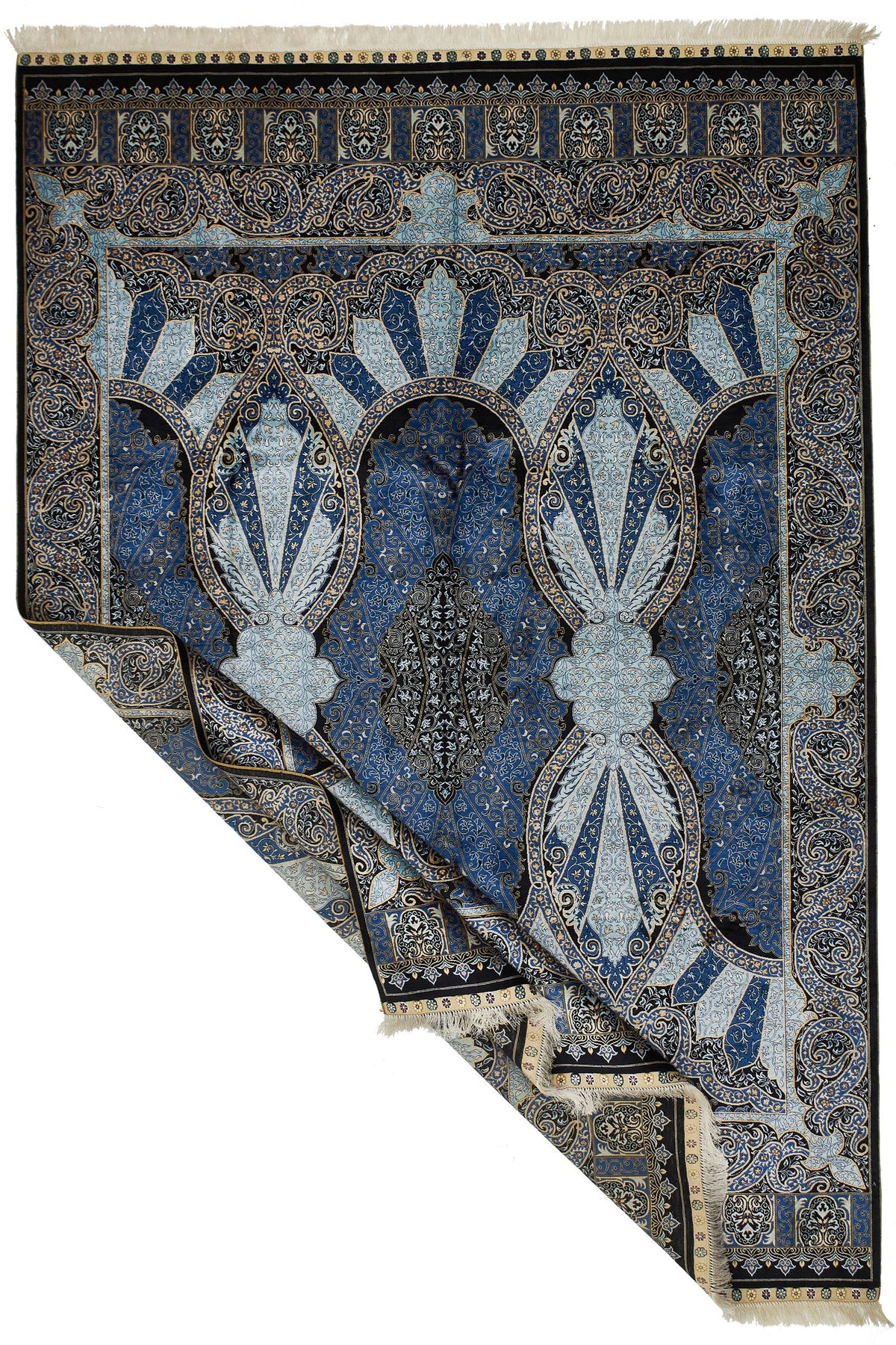 7x10 Black and Blue Turkish Silk Rug