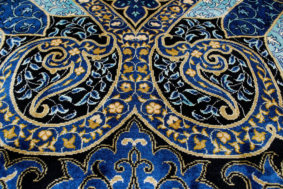 7x10 Black and Blue Turkish Silk Rug