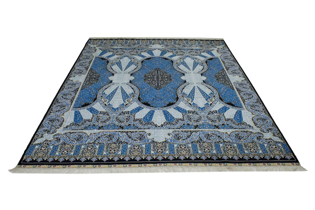 7x10 Black and Blue Turkish Silk Rug