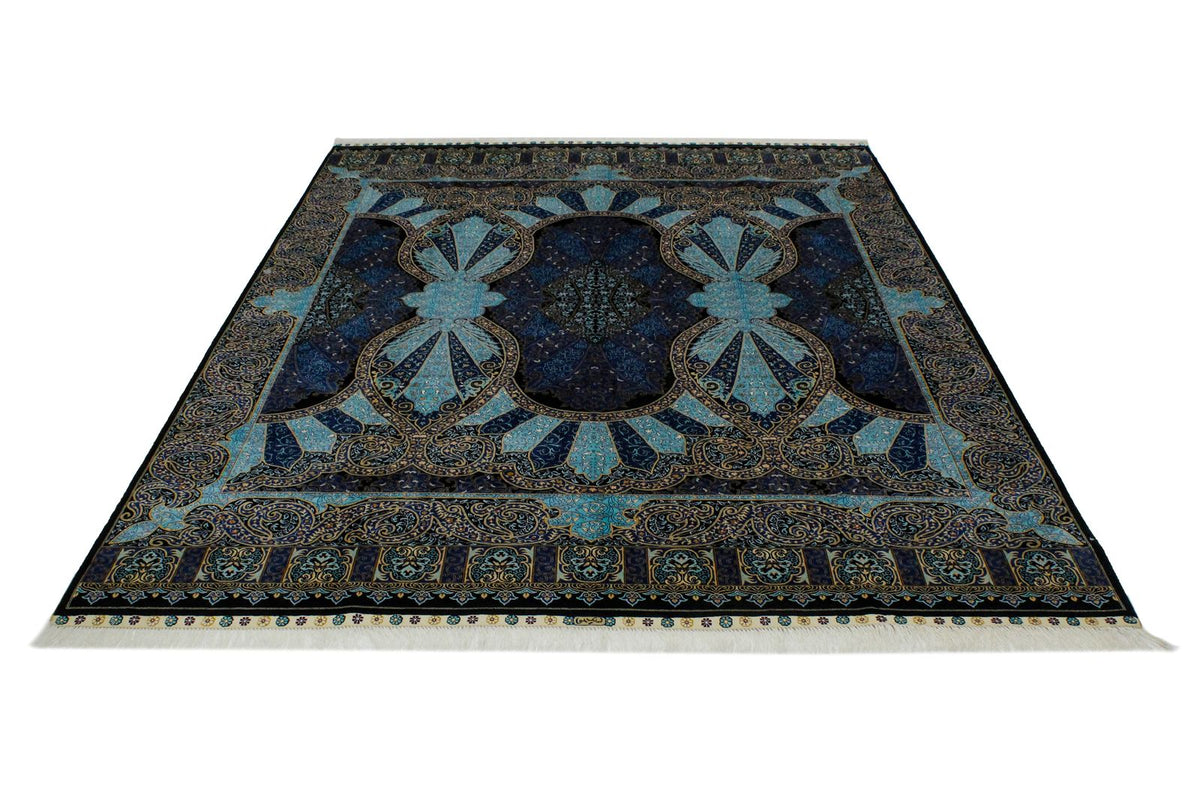 7x10 Black and Blue Turkish Silk Rug