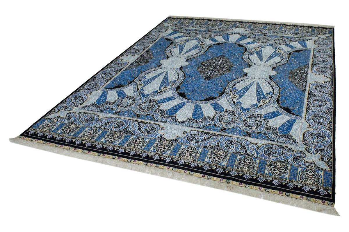 7x10 Black and Blue Turkish Silk Rug