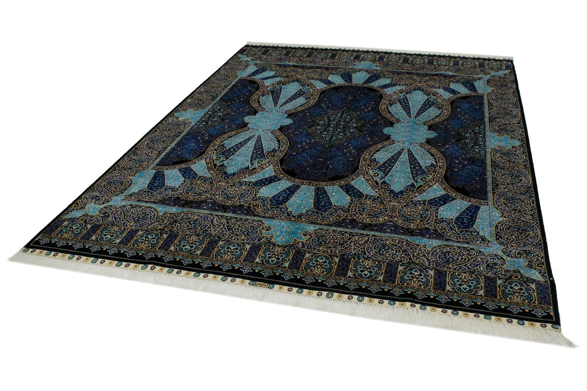 7x10 Black and Blue Turkish Silk Rug