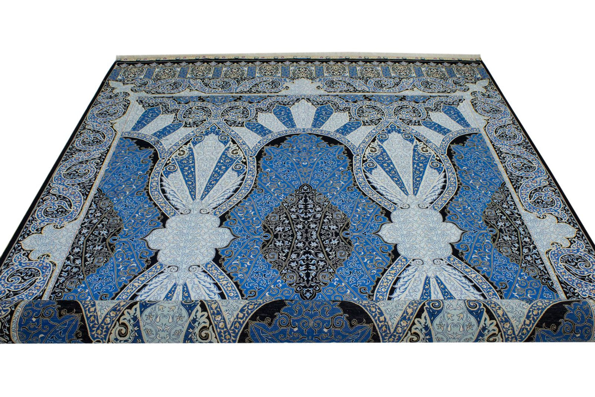 7x10 Black and Blue Turkish Silk Rug