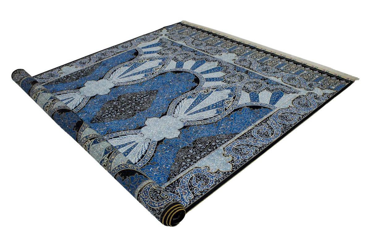 7x10 Black and Blue Turkish Silk Rug