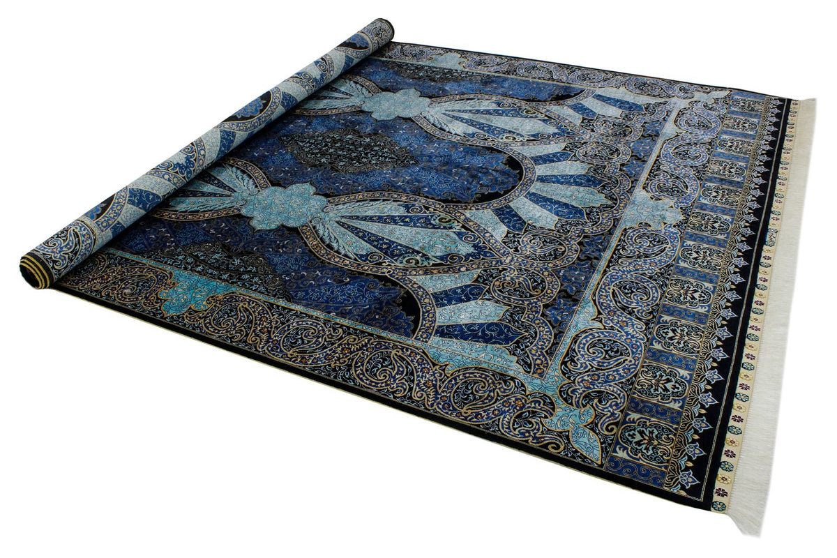 7x10 Black and Blue Turkish Silk Rug