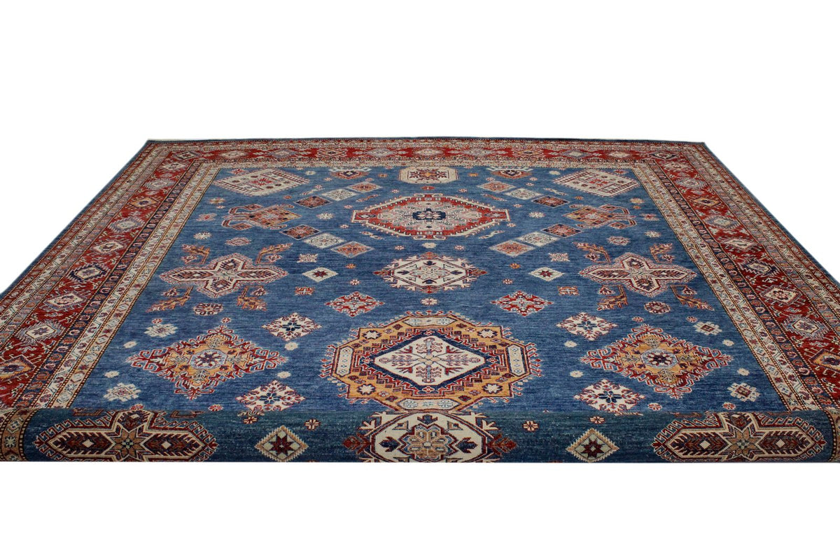 11x14 Blue and Red Kazak Tribal Rug