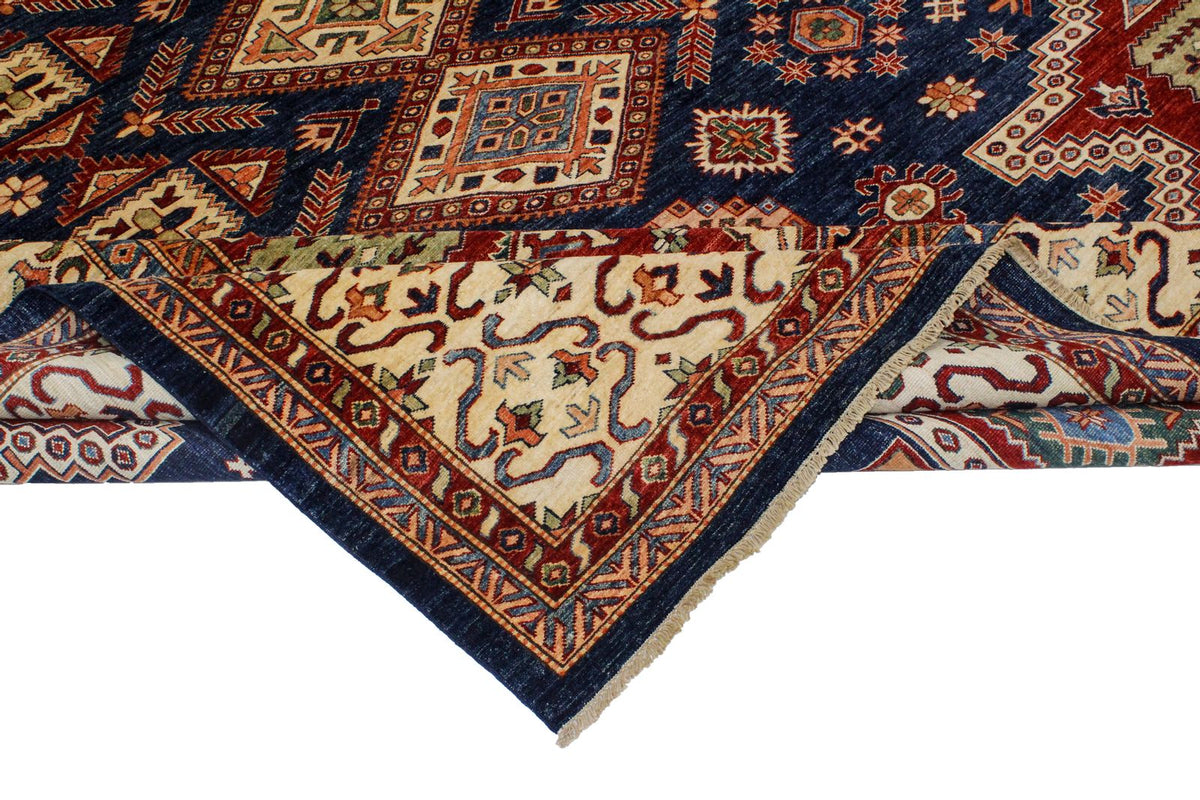 10x13 Navy and Ivory Kazak Tribal Rug