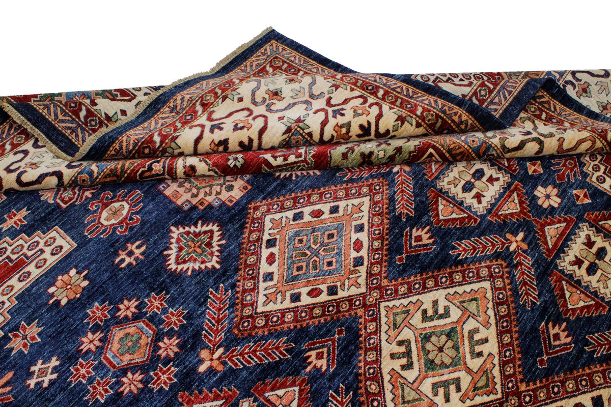 10x13 Navy and Ivory Kazak Tribal Rug