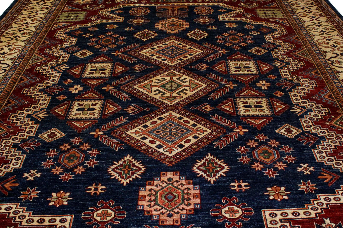 10x13 Navy and Ivory Kazak Tribal Rug