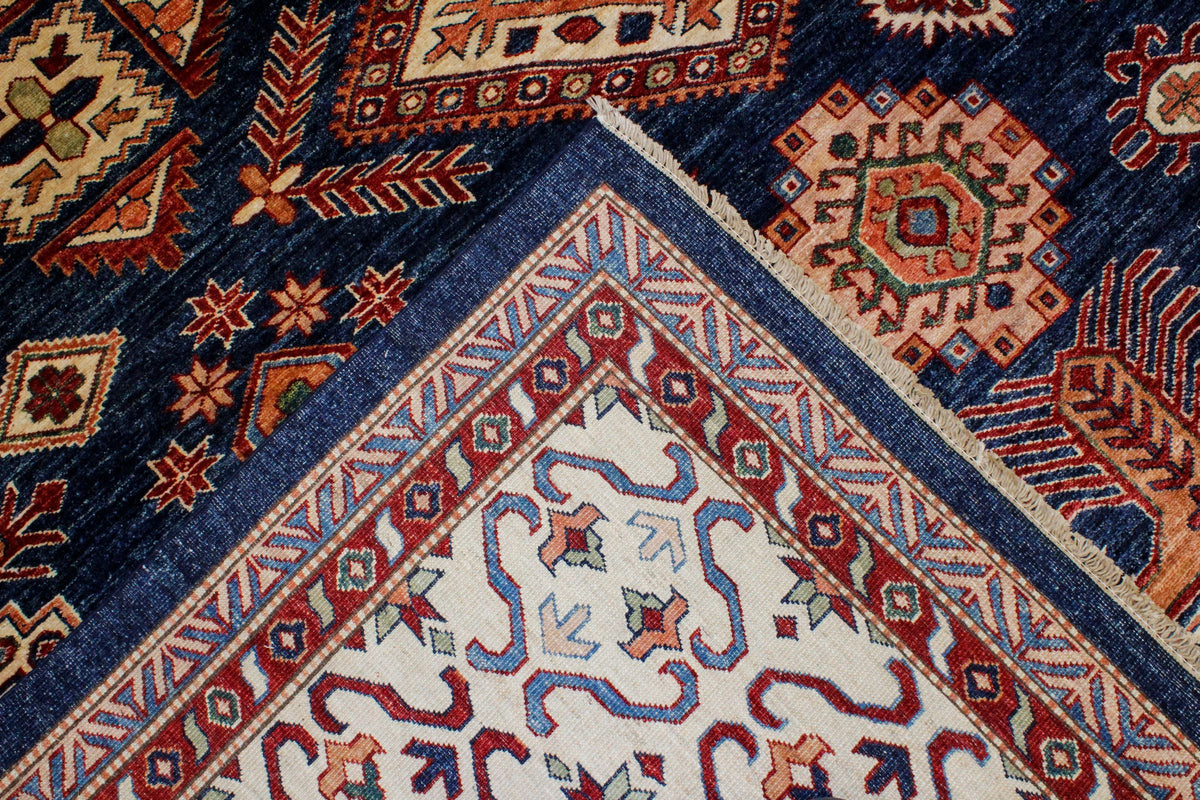 10x13 Navy and Ivory Kazak Tribal Rug