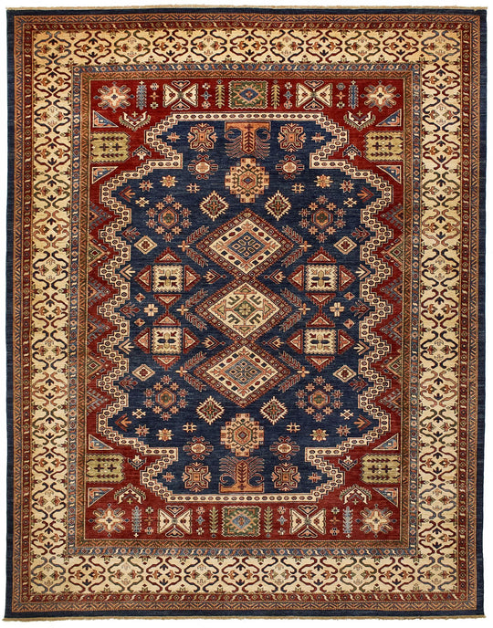 10x13 Navy and Ivory Kazak Tribal Rug