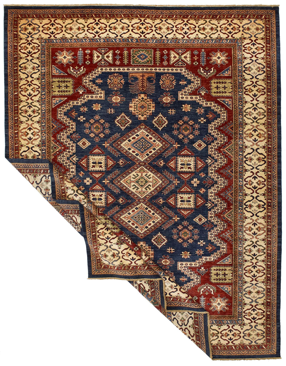 10x13 Navy and Ivory Kazak Tribal Rug