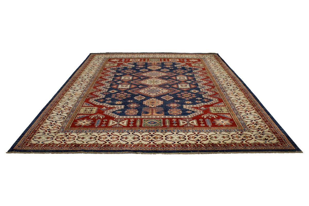 10x13 Navy and Ivory Kazak Tribal Rug
