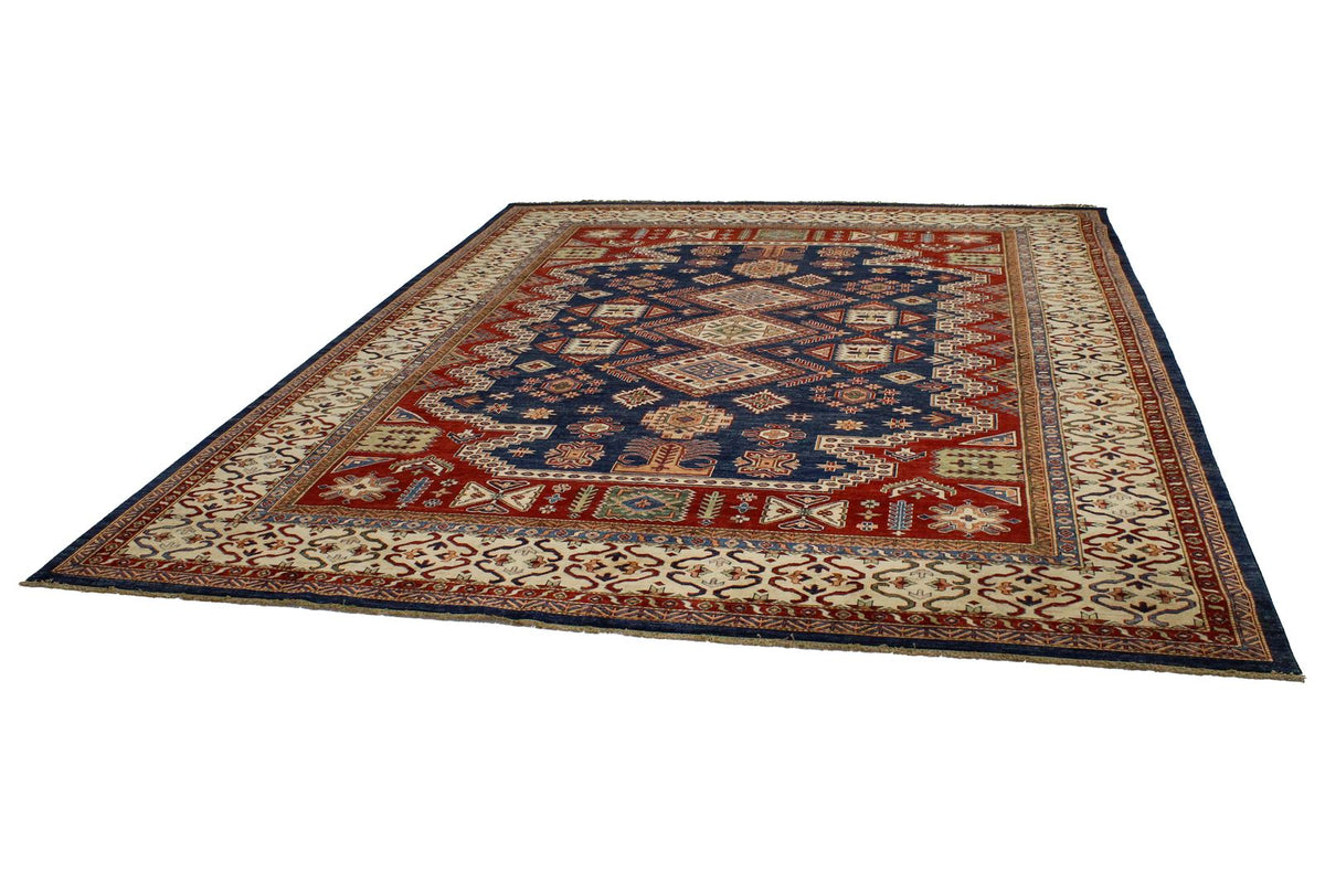 10x13 Navy and Ivory Kazak Tribal Rug