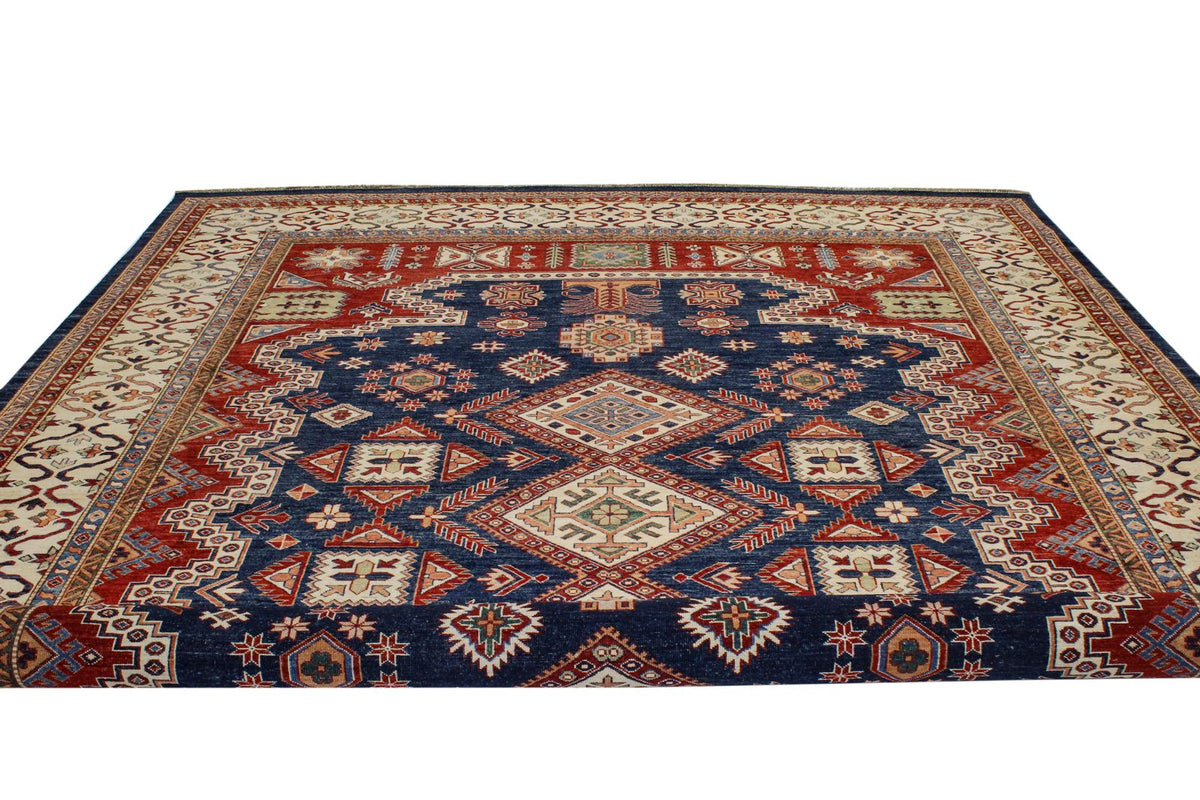 10x13 Navy and Ivory Kazak Tribal Rug