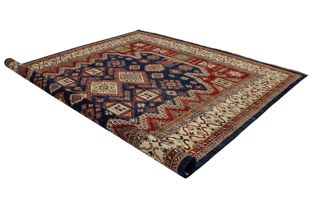 10x13 Navy and Ivory Kazak Tribal Rug