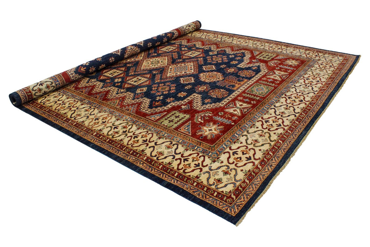 10x13 Navy and Ivory Kazak Tribal Rug