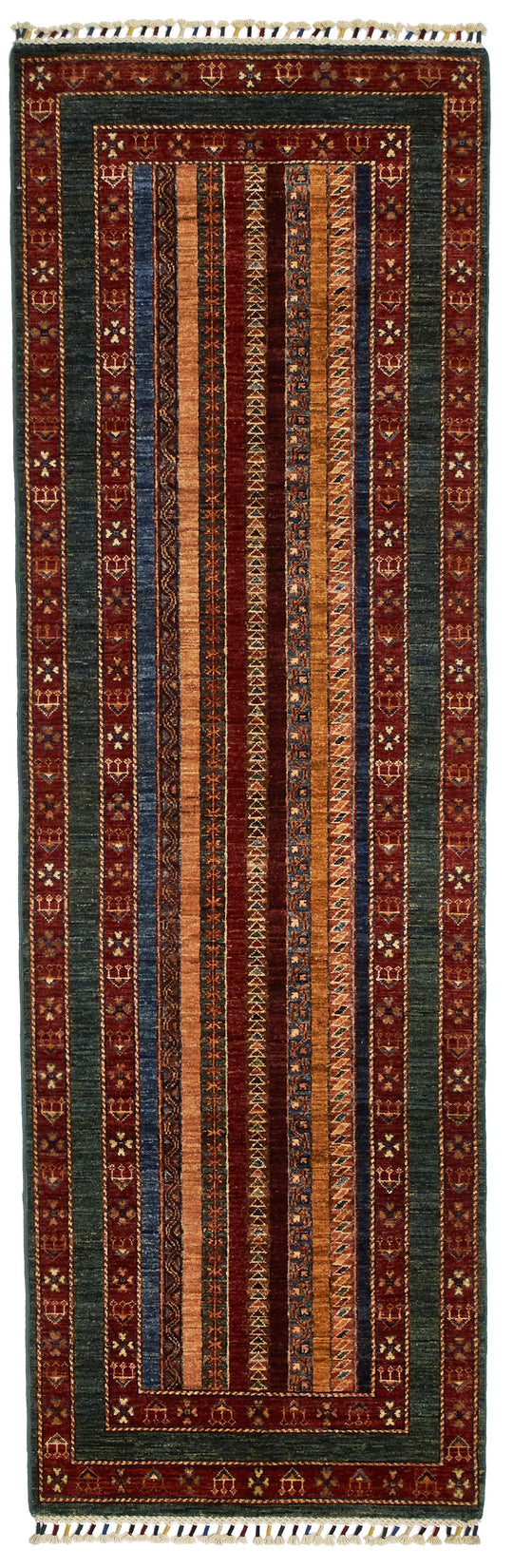 3x8 Multicolor and Green Turkish Tribal Runner