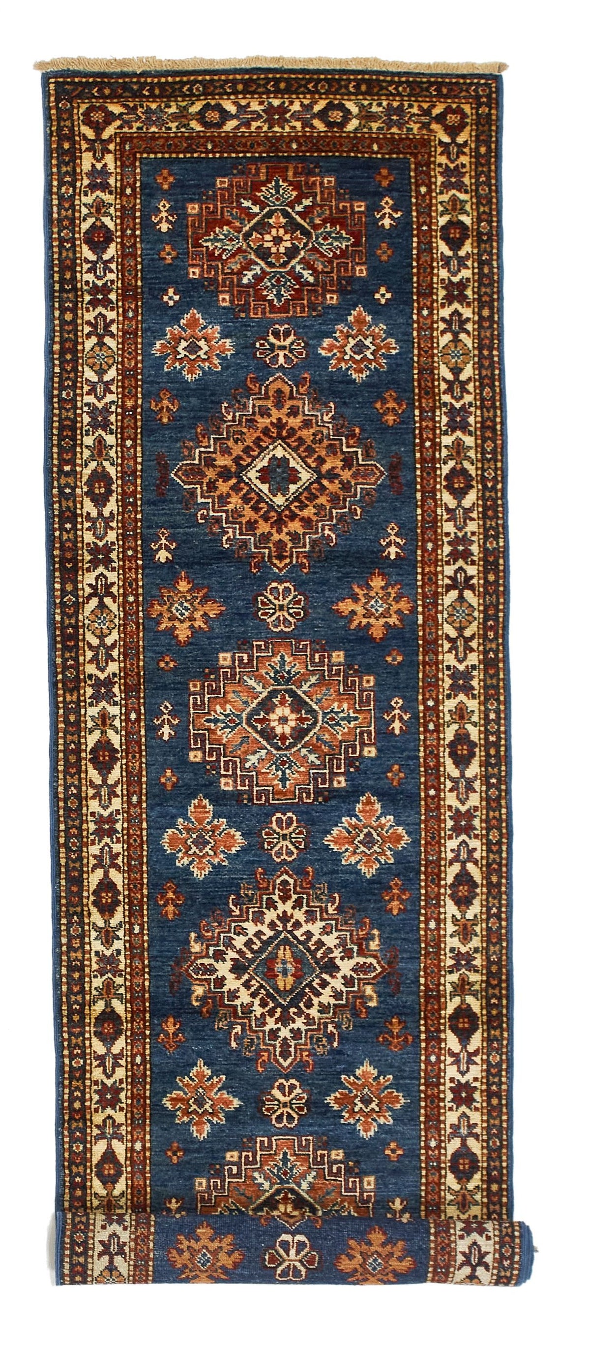 2x13 Light Blue and Ivory Kazak Tribal Runner