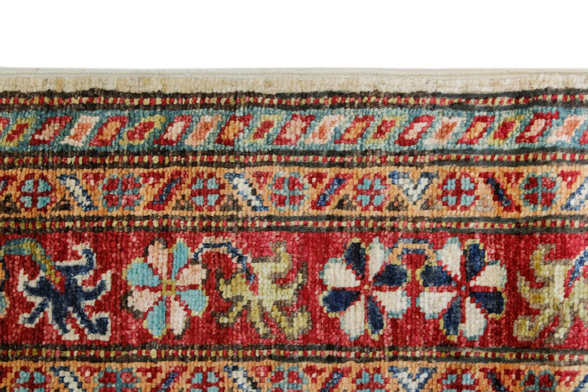 3x8 Ivory and Red Kazak Tribal Runner
