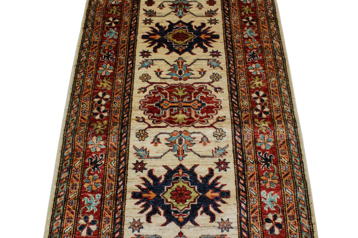 3x8 Ivory and Red Kazak Tribal Runner