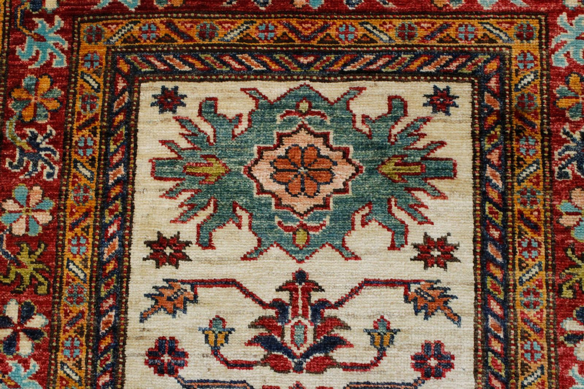3x8 Ivory and Red Kazak Tribal Runner