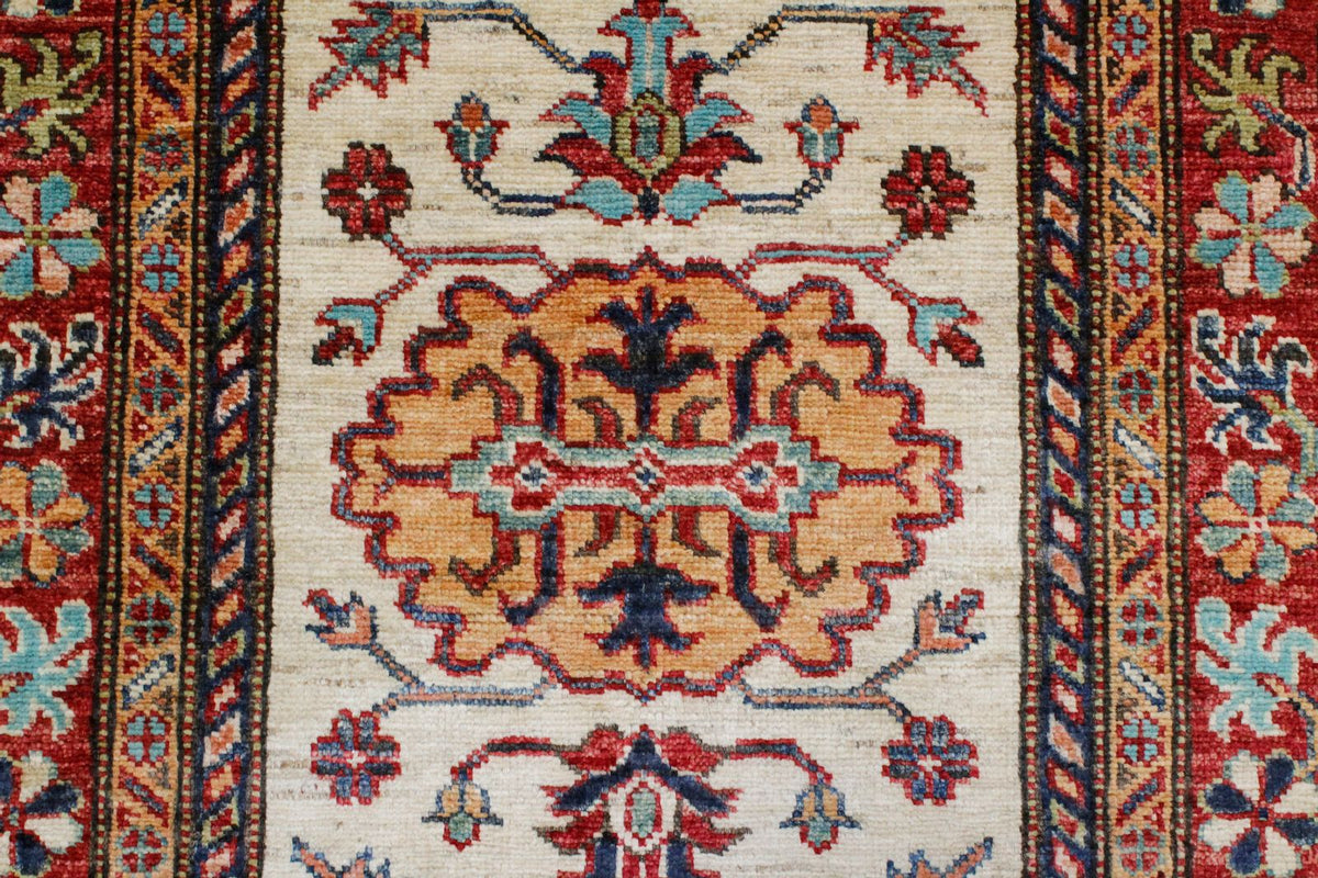 3x8 Ivory and Red Kazak Tribal Runner