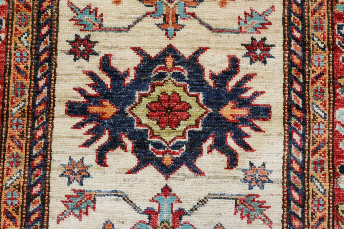 3x8 Ivory and Red Kazak Tribal Runner