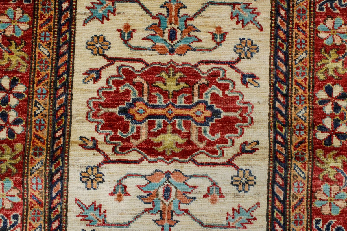 3x8 Ivory and Red Kazak Tribal Runner