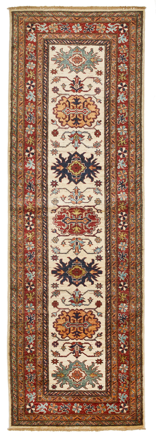 3x8 Ivory and Red Kazak Tribal Runner