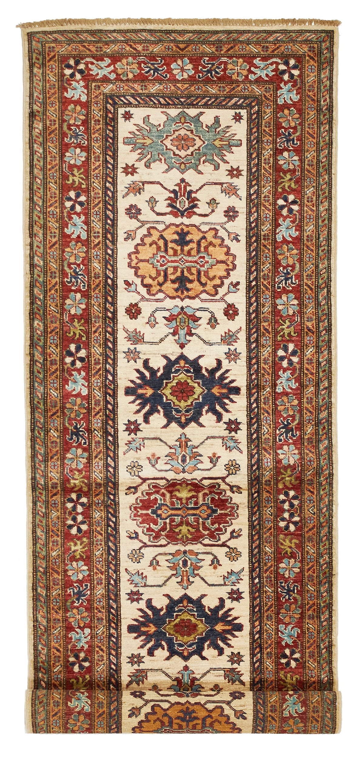 3x8 Ivory and Red Kazak Tribal Runner