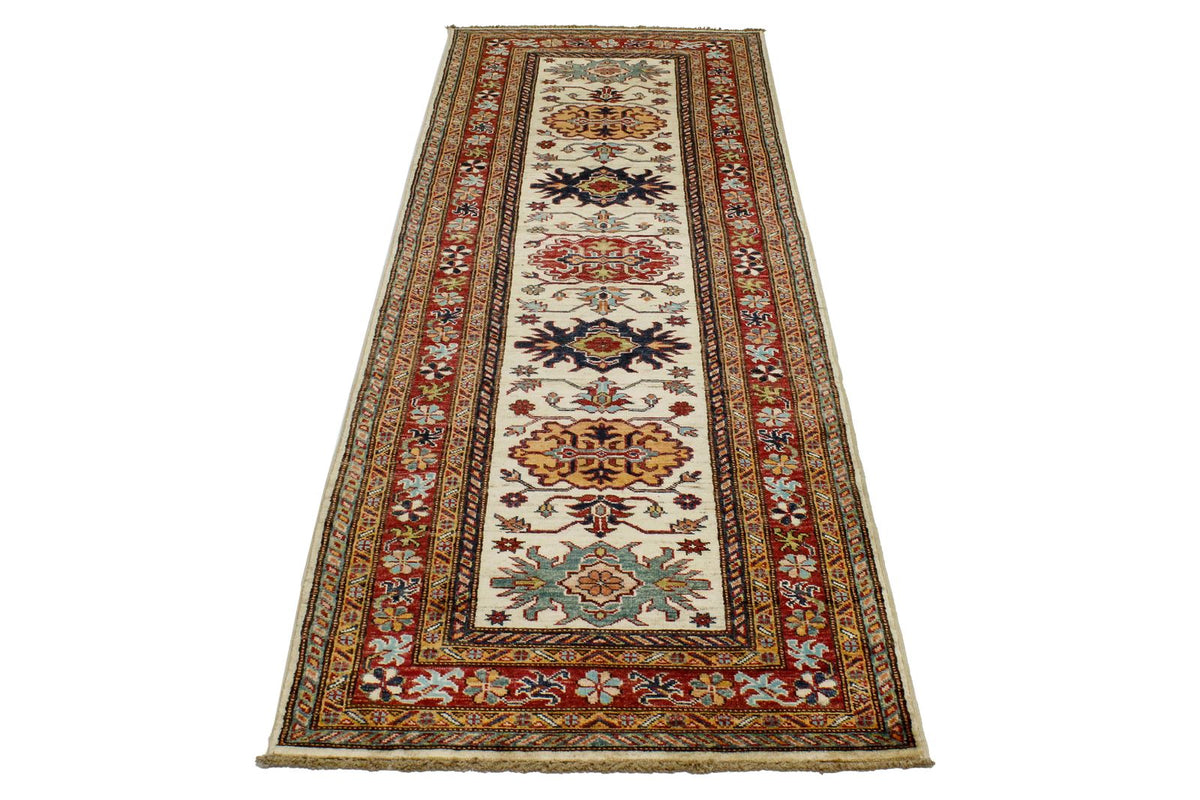 3x8 Ivory and Red Kazak Tribal Runner