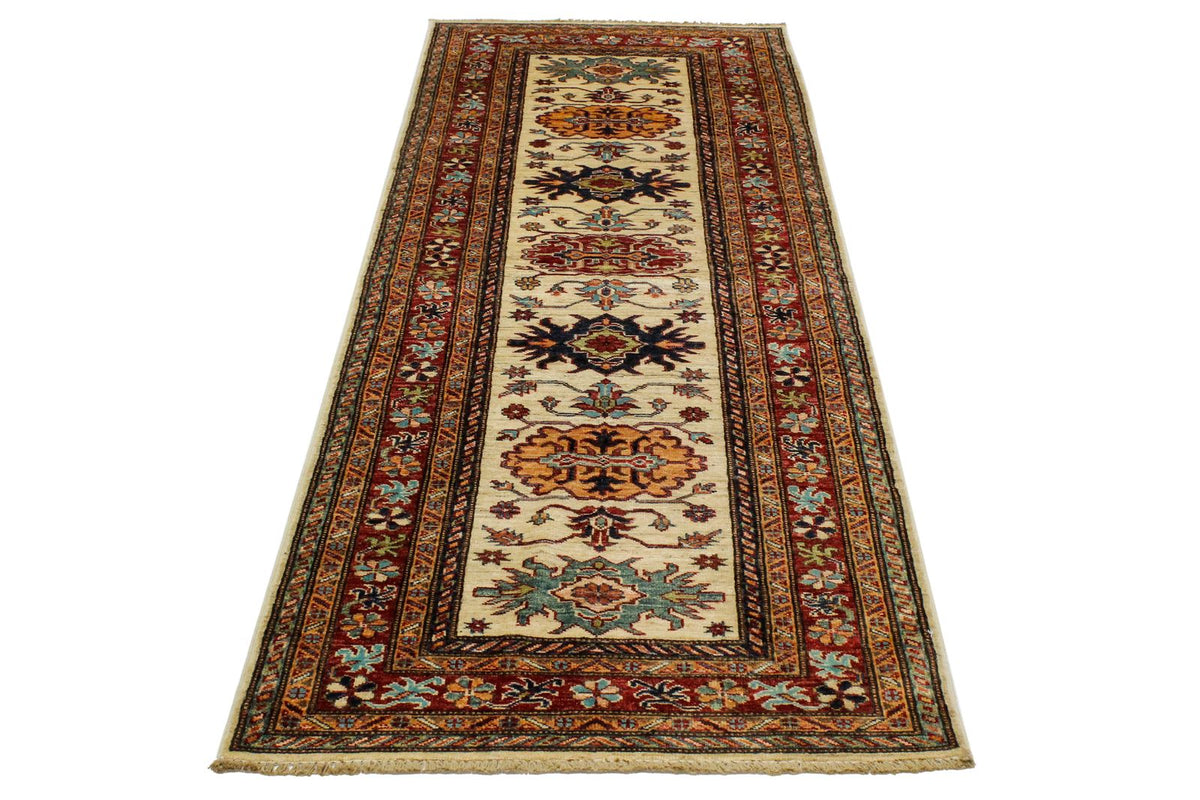 3x8 Ivory and Red Kazak Tribal Runner