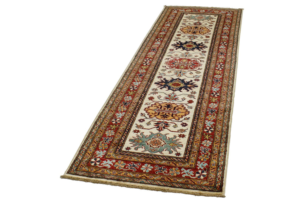 3x8 Ivory and Red Kazak Tribal Runner