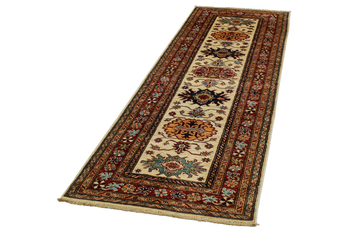 3x8 Ivory and Red Kazak Tribal Runner
