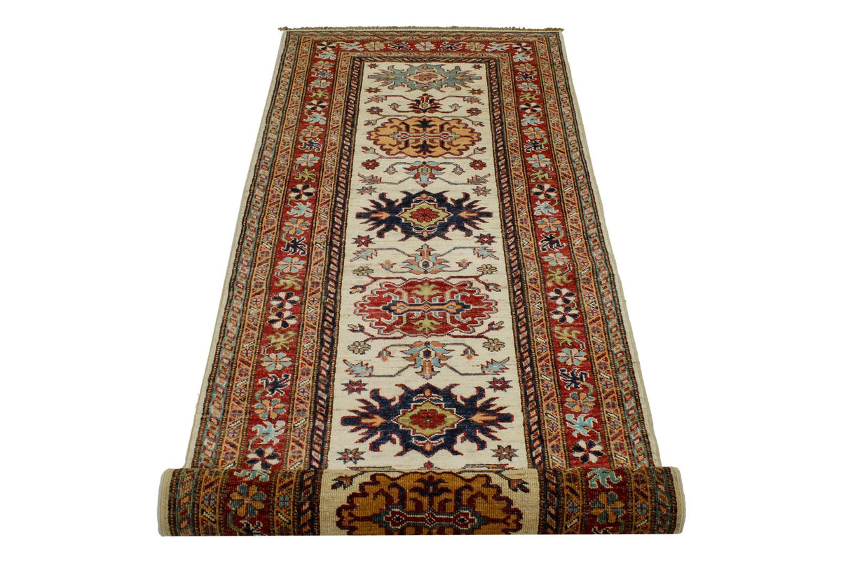 3x8 Ivory and Red Kazak Tribal Runner