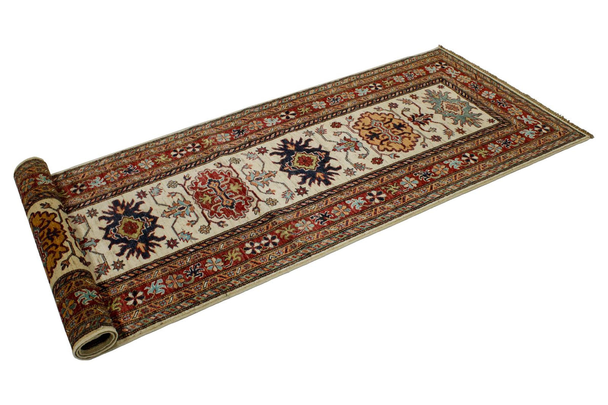 3x8 Ivory and Red Kazak Tribal Runner