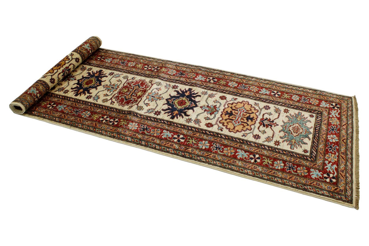 3x8 Ivory and Red Kazak Tribal Runner