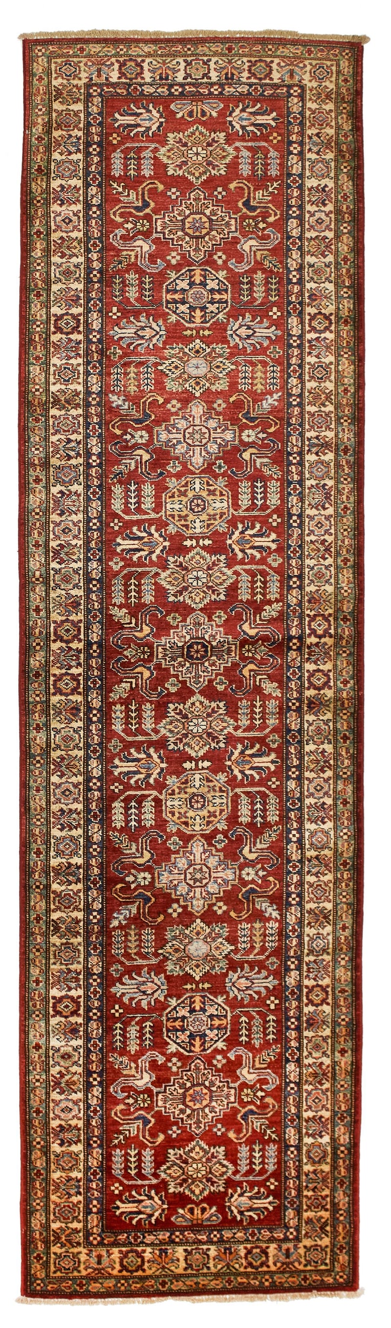 3x10 Red and Ivory Kazak Tribal Runner