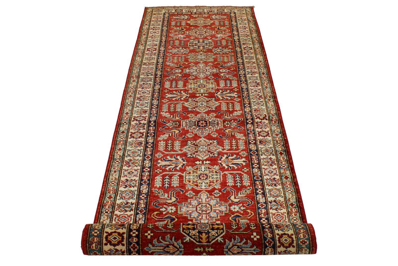 3x10 Red and Ivory Kazak Tribal Runner