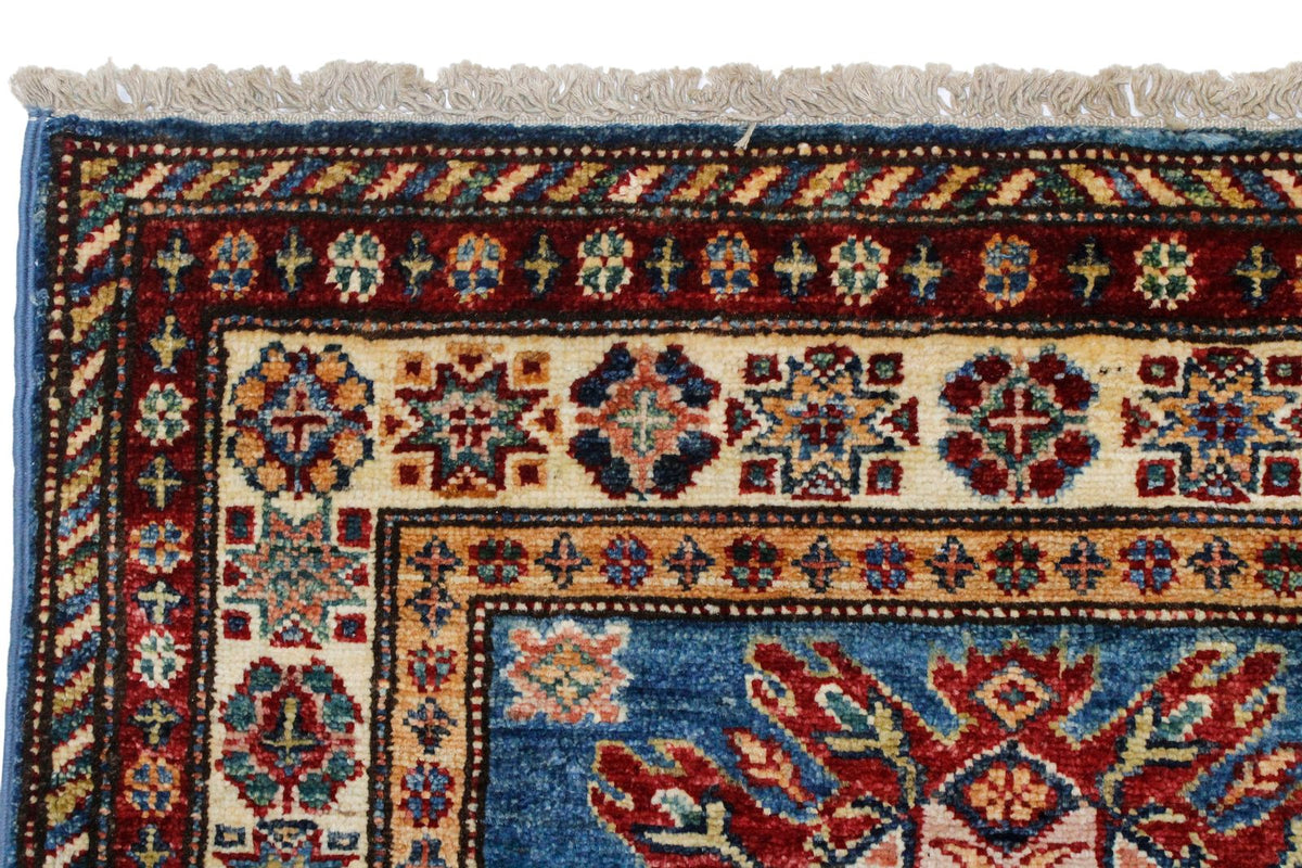 3x8 Blue and Ivory Kazak Tribal Runner