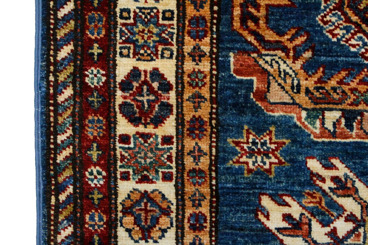 3x8 Blue and Ivory Kazak Tribal Runner